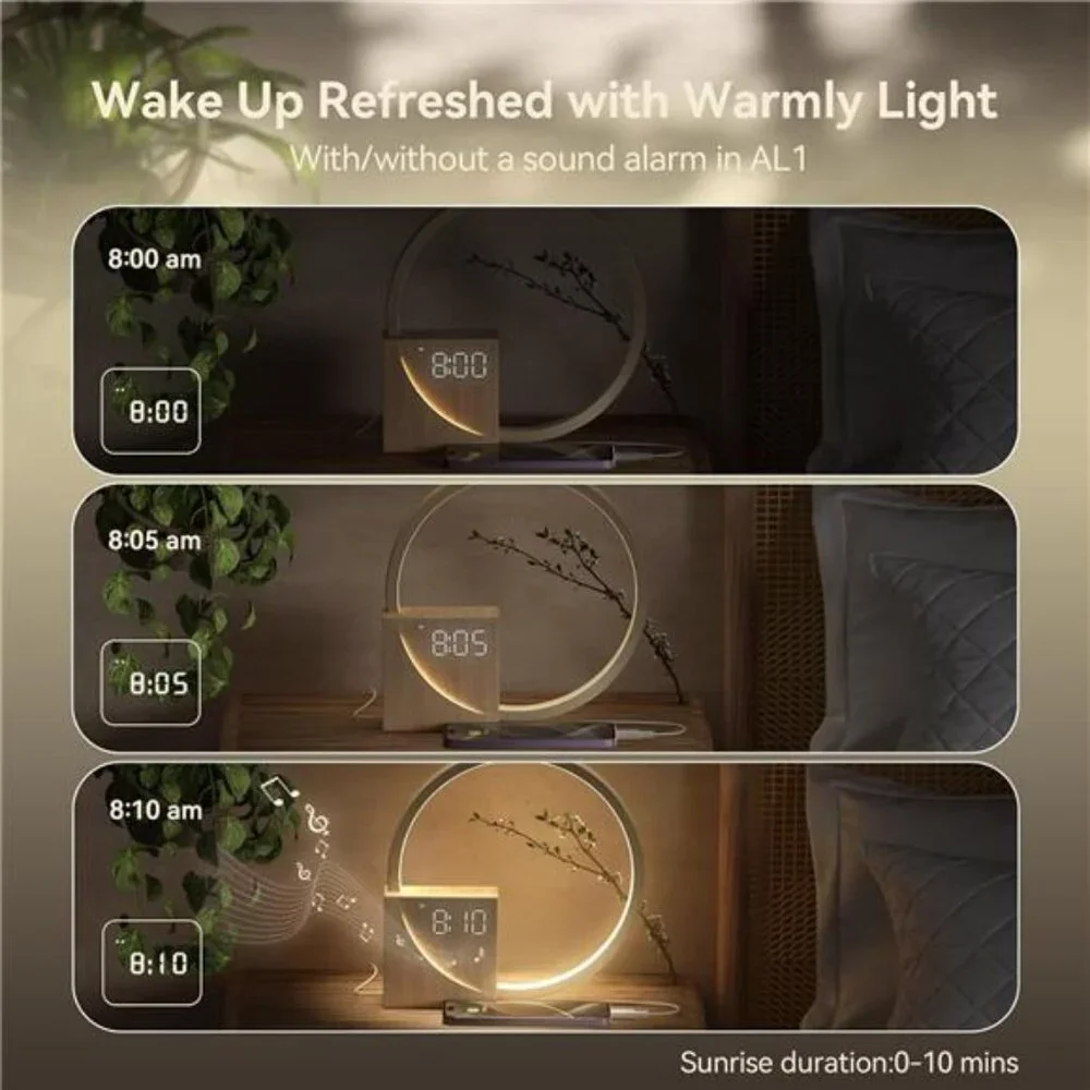 Sunrise alarm clock for heavy sleepers wake up light white noise sleep aid USB